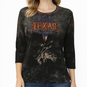 CACTUS Y2k Black Bedazzled Graphic Rodeo Texas Three Quarter Sleeve Top